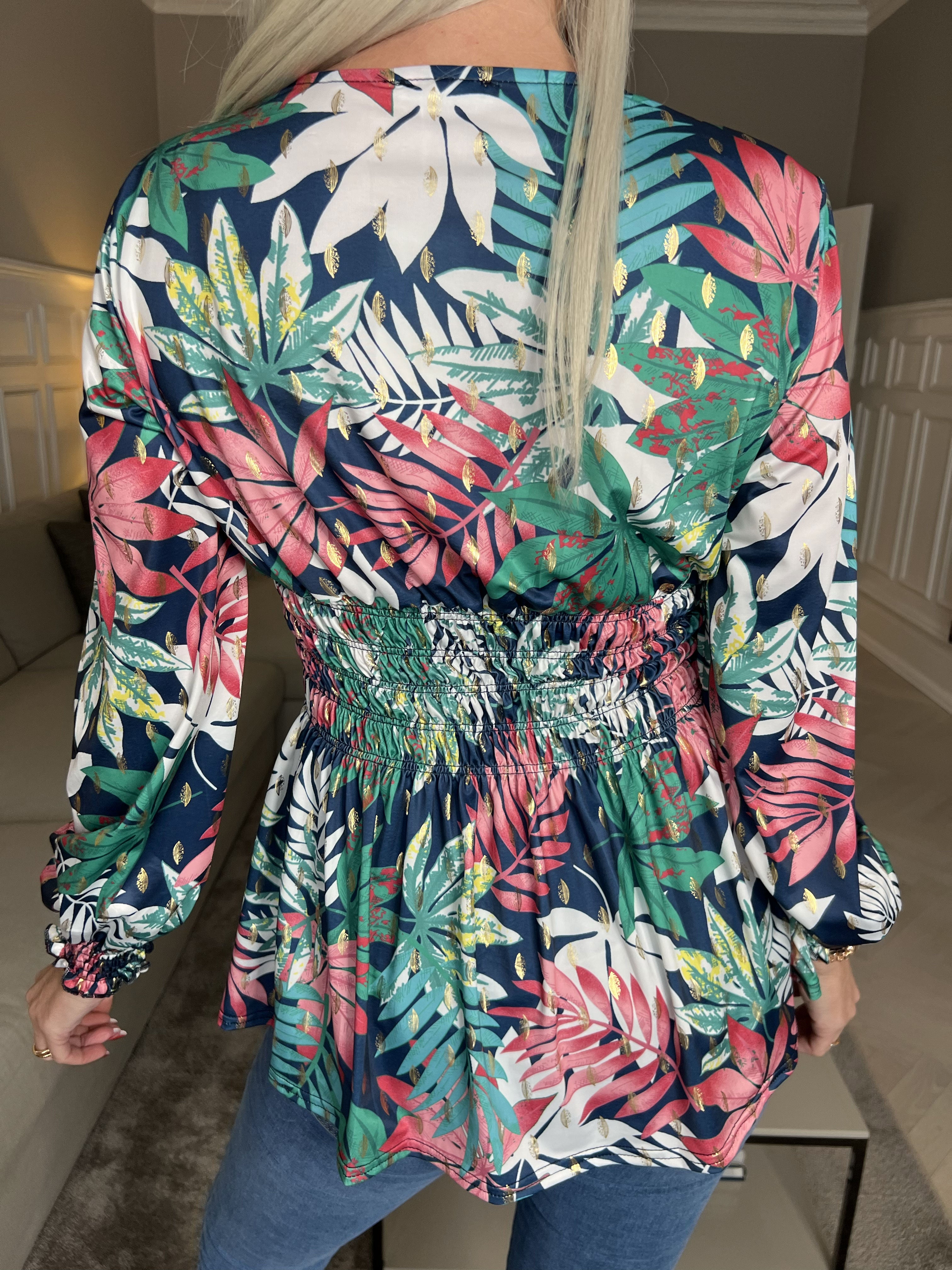 Pams Leaf Shirt L/S - Elastisk blus i skrynkelfritt tyg med långa ärmar